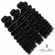 Three bundles of Burmese raw wavy hair in 16, 18, and 20 inches, displayed as a standard hair extension bundle set.