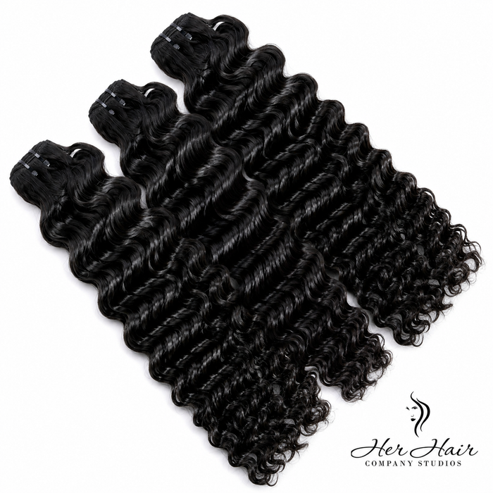 Three bundles of Burmese raw wavy hair in 16, 18, and 20 inches, displayed as a standard hair extension bundle set.
