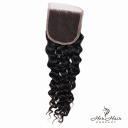 Brazilian deep curly 4x4 HD lace closure, standard frontal, natural hair texture, with lace detailing visible in the image.