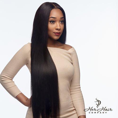 Brazilian straight hair bundle from Her Hair Company, showcasing a full, natural-looking straight hair bundle on a plain background.