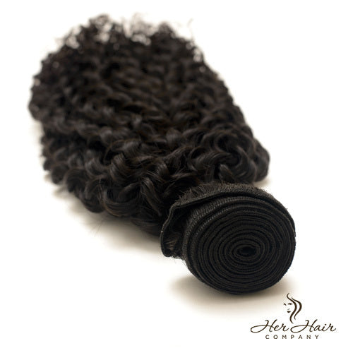 Brazilian kinky curly hair bundle from Her Hair Company showing tightly coiled, natural kinky curly texture in a standard hair bundle.