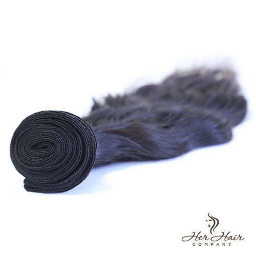 Brazilian wavy hair bundle from Her Hair Company, showcasing natural wavy texture and rich brown color in a standard bundle.