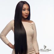 Three bundles of Burmese raw straight hair in a standard bundle deal, showing smooth, natural hair extensions.