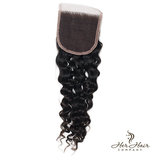 Brazilian Deep Curly 4X4 HD lace closure, standard frontal/closure, natural deep curly texture, close-up view of the lace and hair strands.